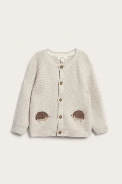 Baby beige knitted cardigan with hedgehog motif