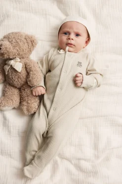 Baby beige ribbed sleepsuit
