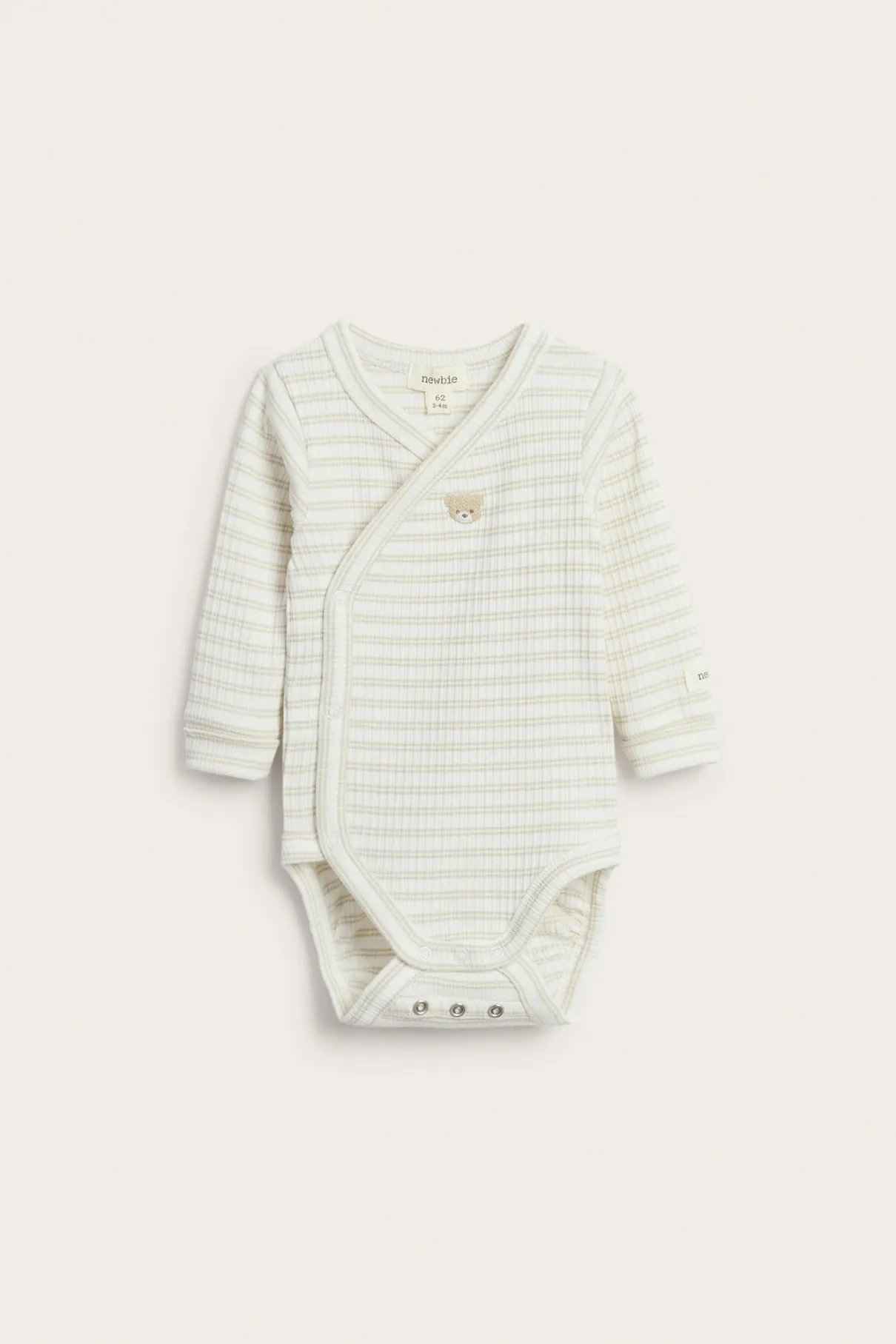 Baby beige striped wrap-over teddy bear bodysuit