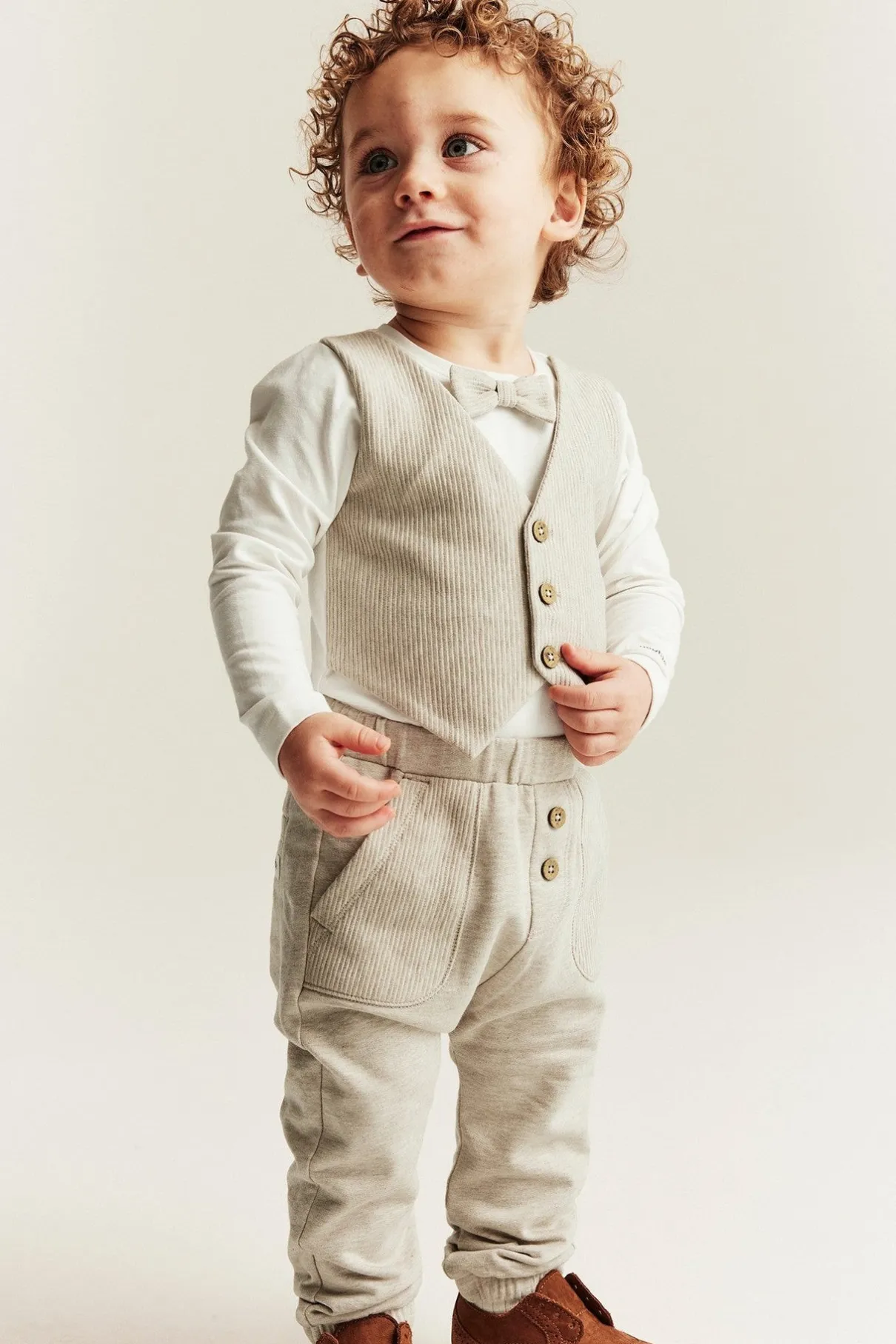 Baby beige tie bodysuit with waistcoat