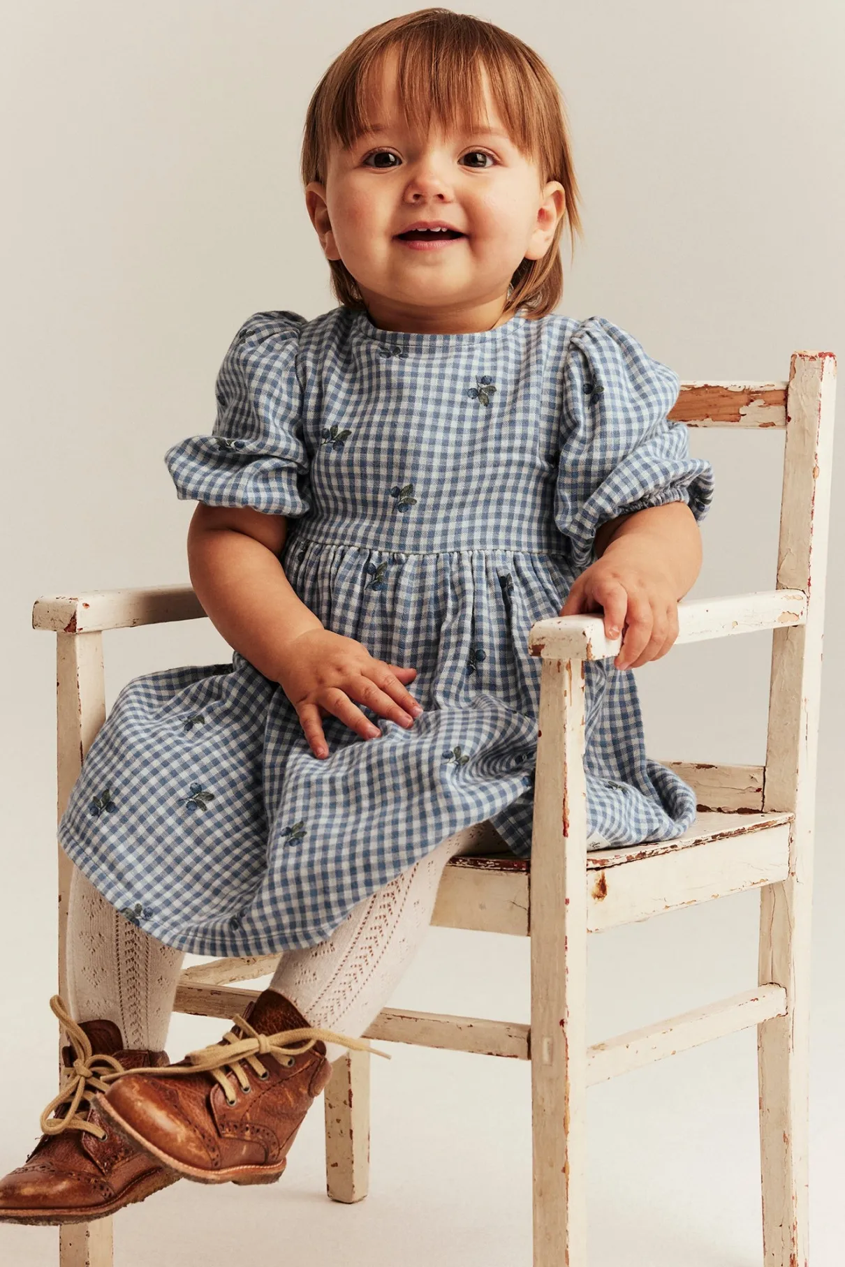 Baby blue checked dress with blueberries
