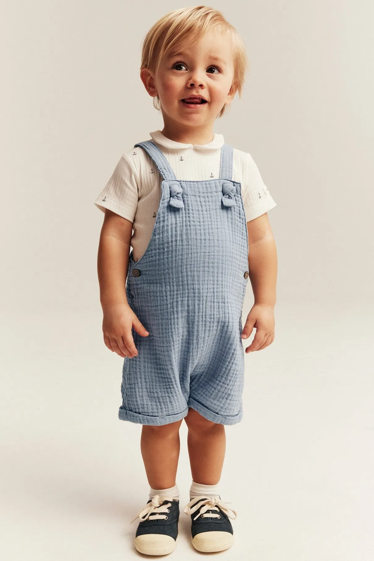 Baby blue muslin dungaree shorts