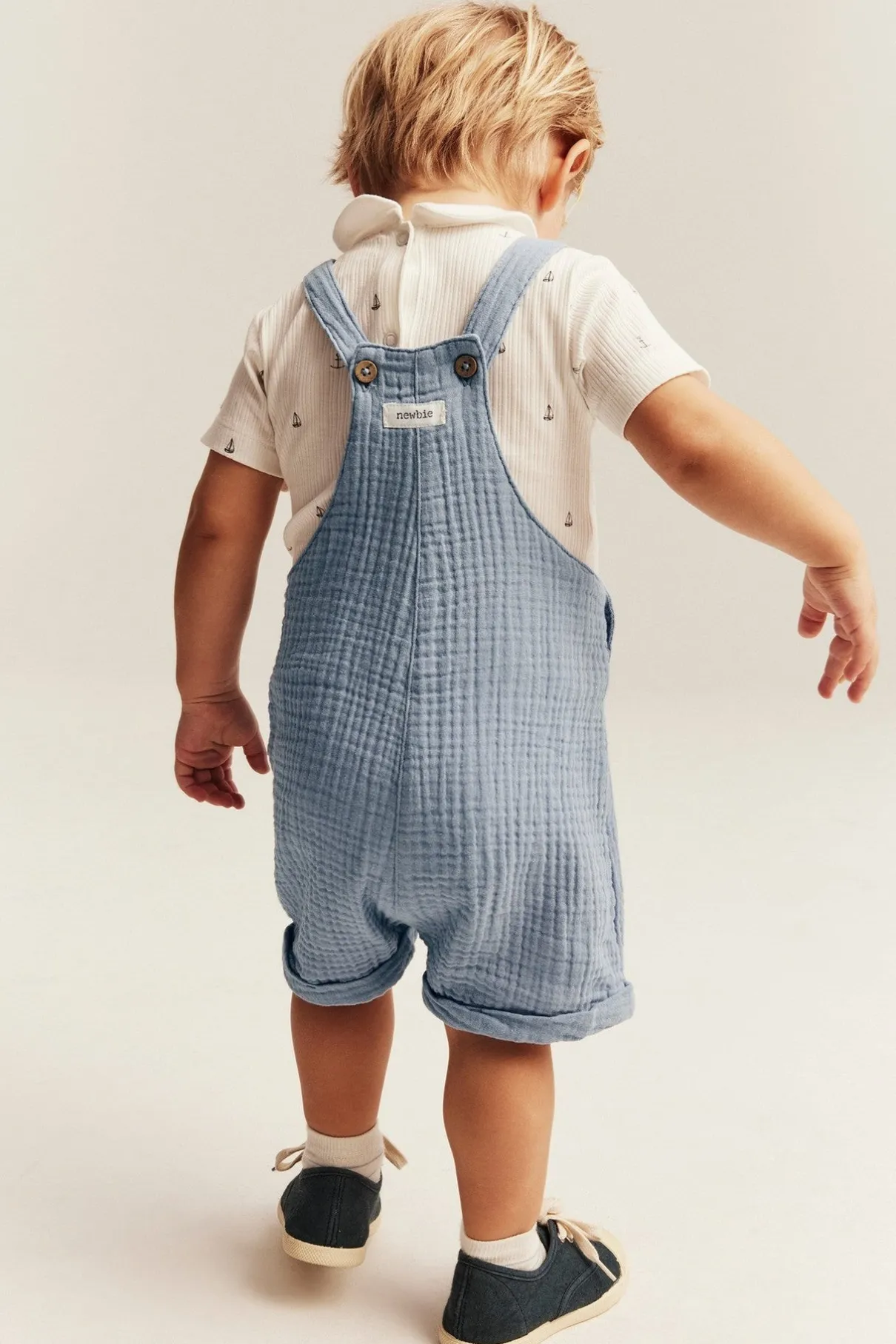 Baby blue muslin dungaree shorts