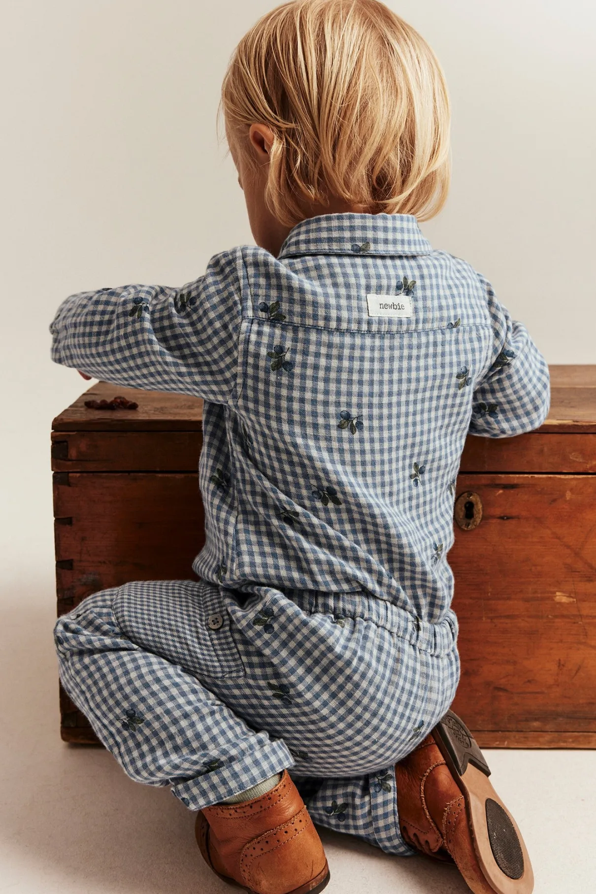 Baby blue shirt bodysuit with blueberries