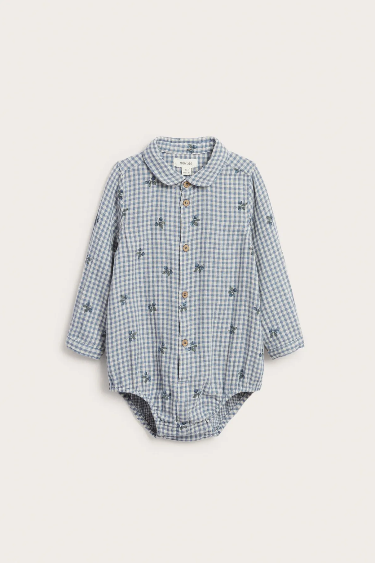 Baby blue shirt bodysuit with blueberries
