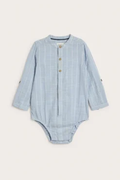 Baby blue striped shirt‑style bodysuit