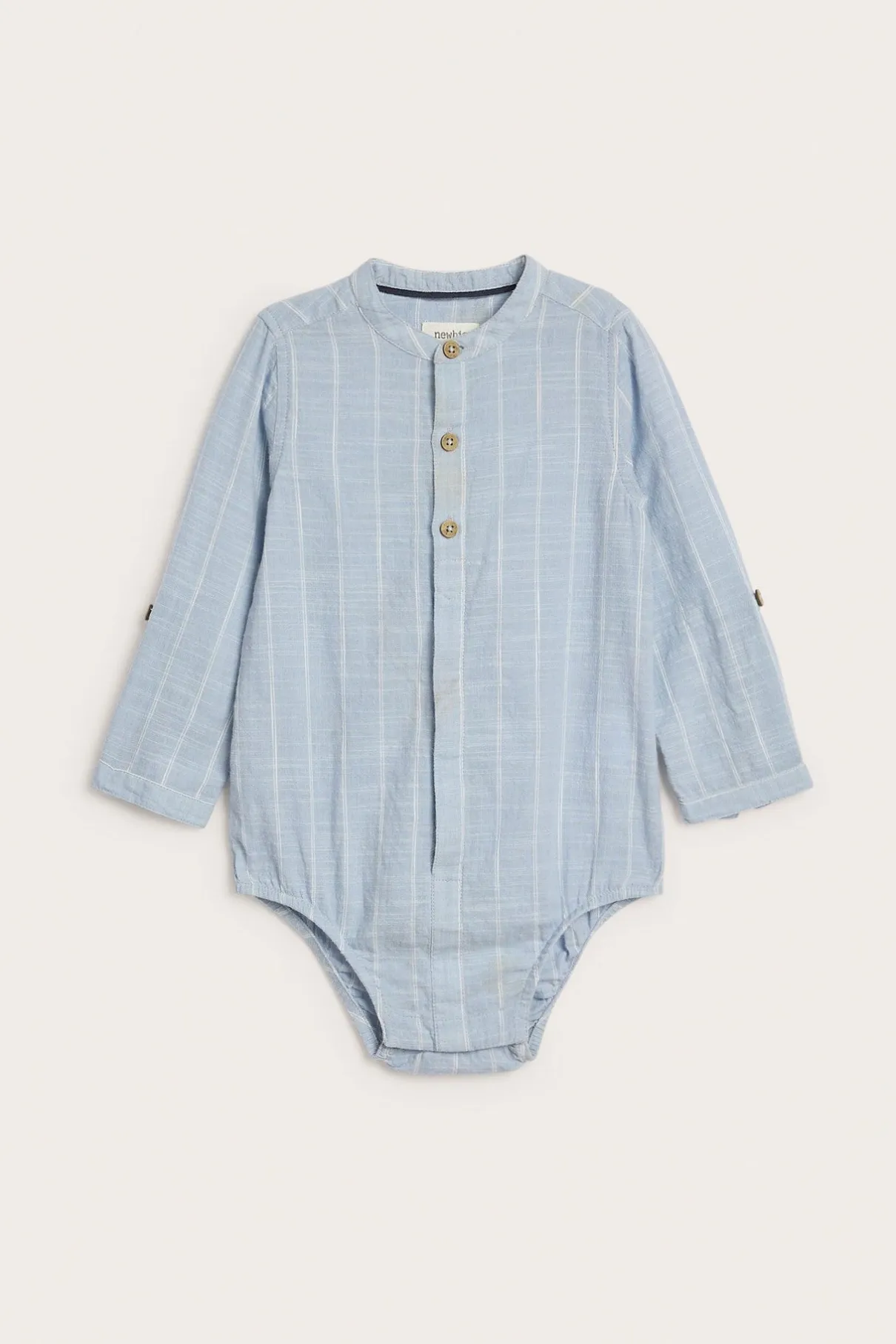 Baby blue striped shirt‑style bodysuit