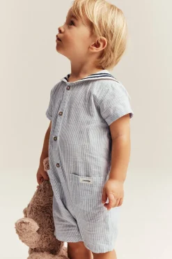 Baby blue woven romper with sailor collar