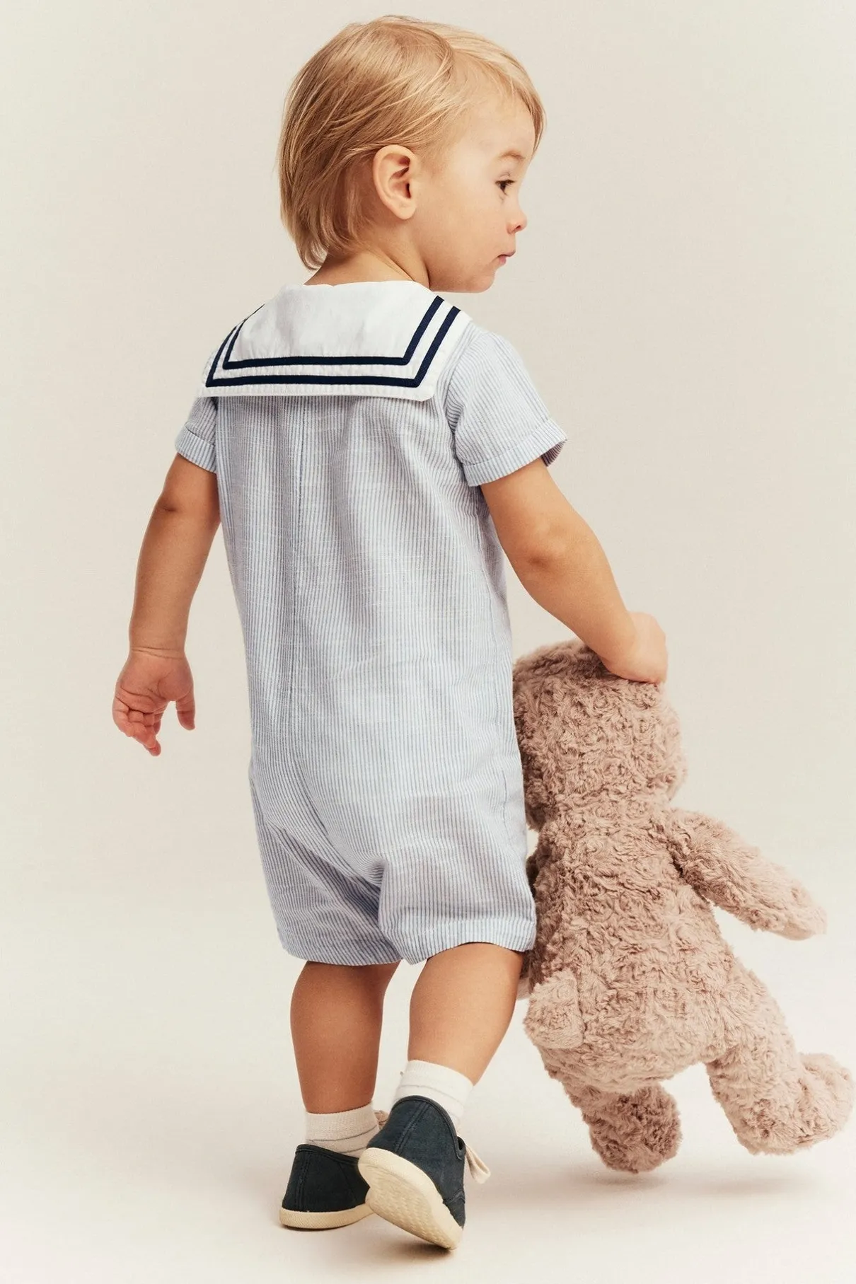 Baby blue woven romper with sailor collar