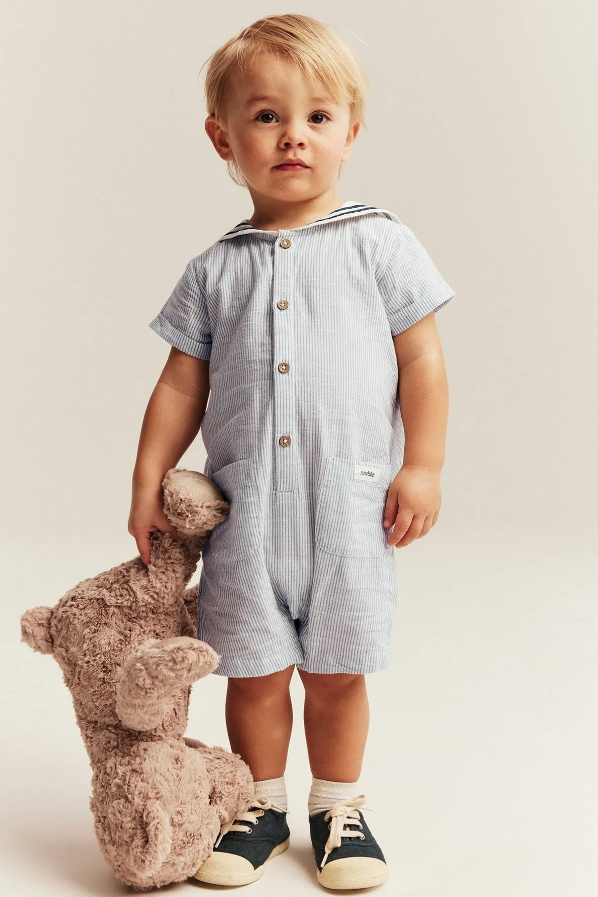 Baby blue woven romper with sailor collar
