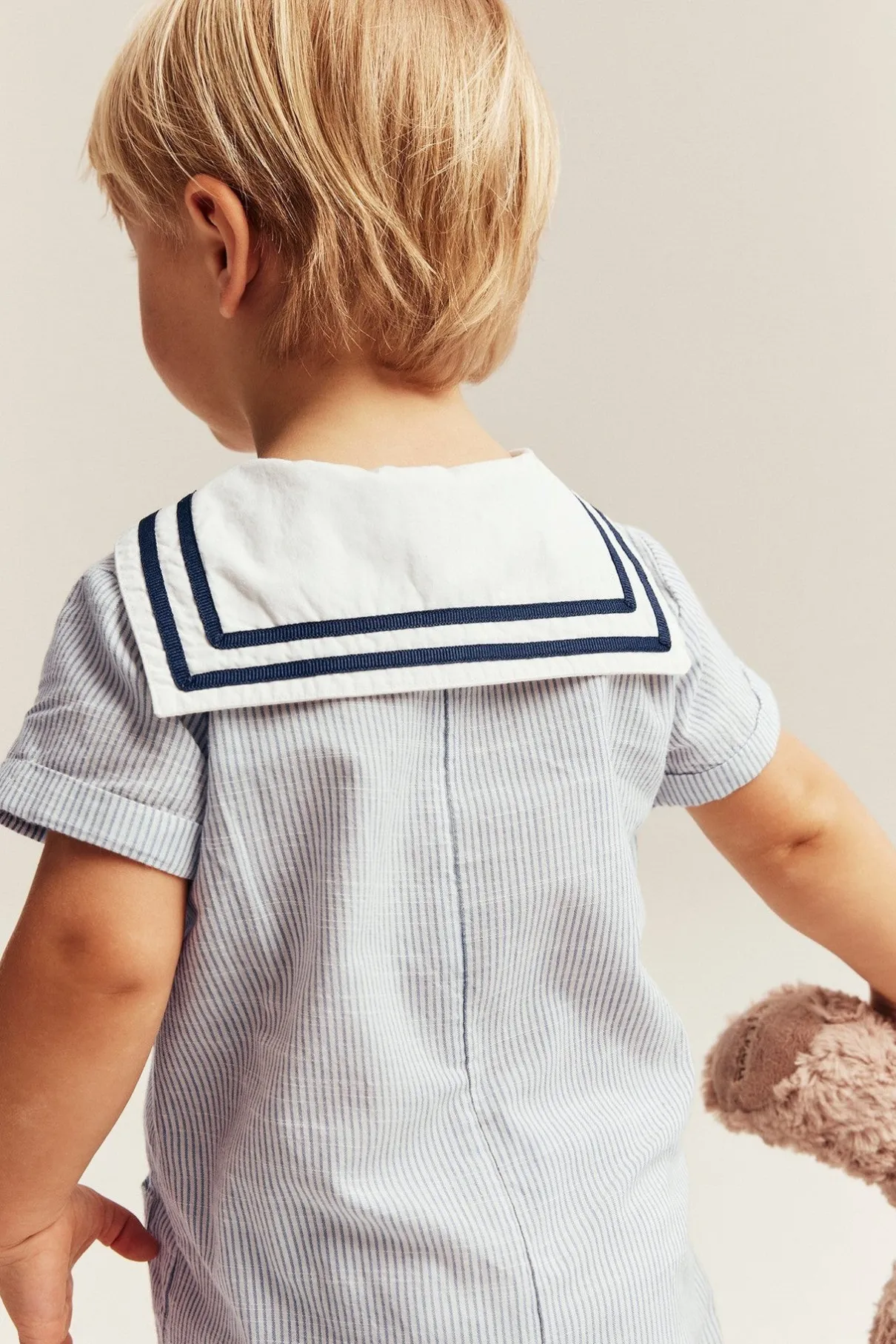 Baby blue woven romper with sailor collar