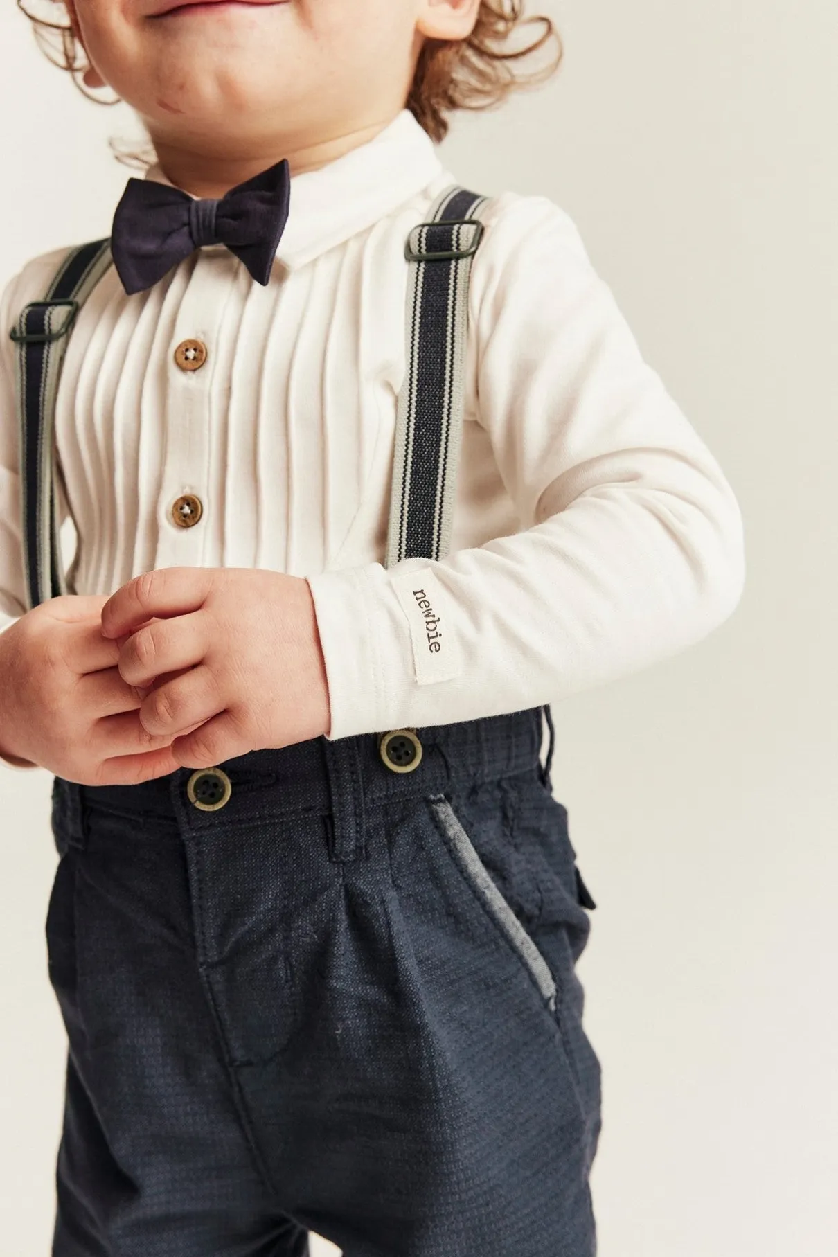 Baby blue woven trousers with suspenders