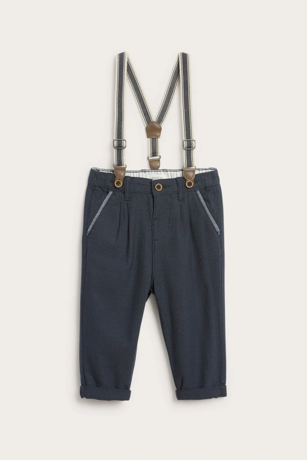 Baby blue woven trousers with suspenders