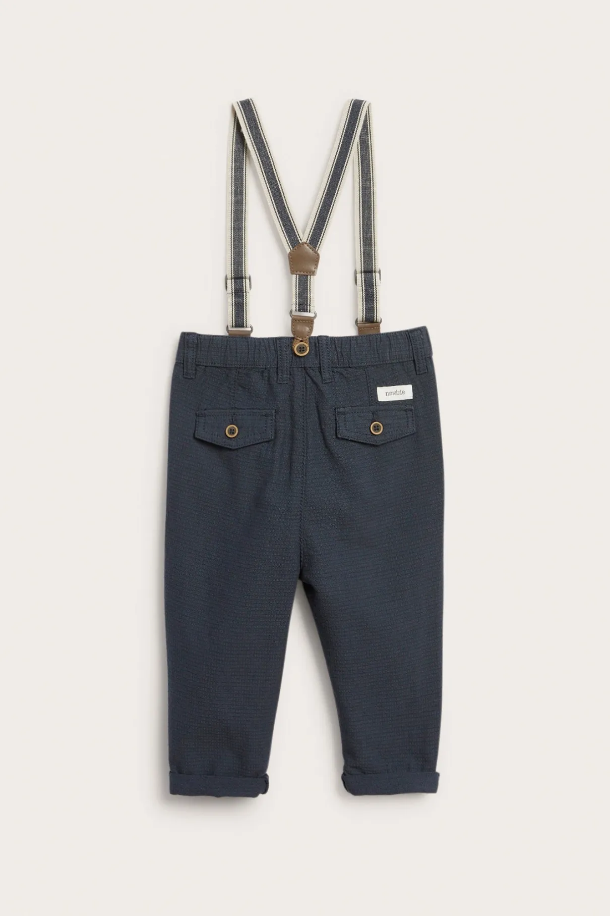 Baby blue woven trousers with suspenders
