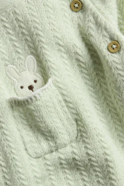 Baby green knitted cardigan with rabbit appliqué