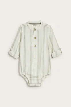 Baby green striped shirt‑style bodysuit