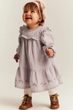 Baby purple floral woven frill dress