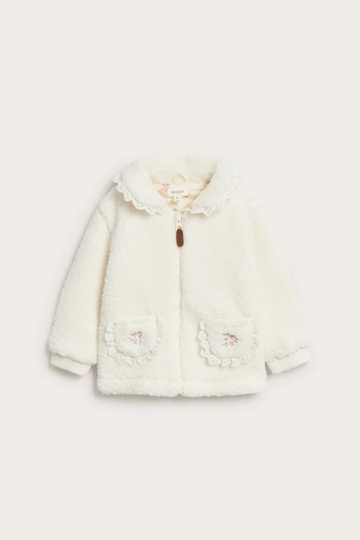 Baby white pile jacket with collar and lace