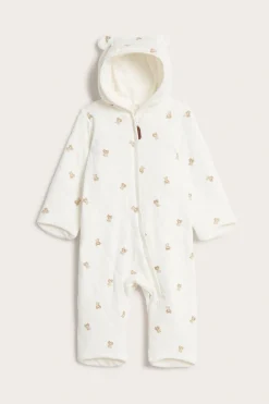 Baby white quilted hooded overall with bear print