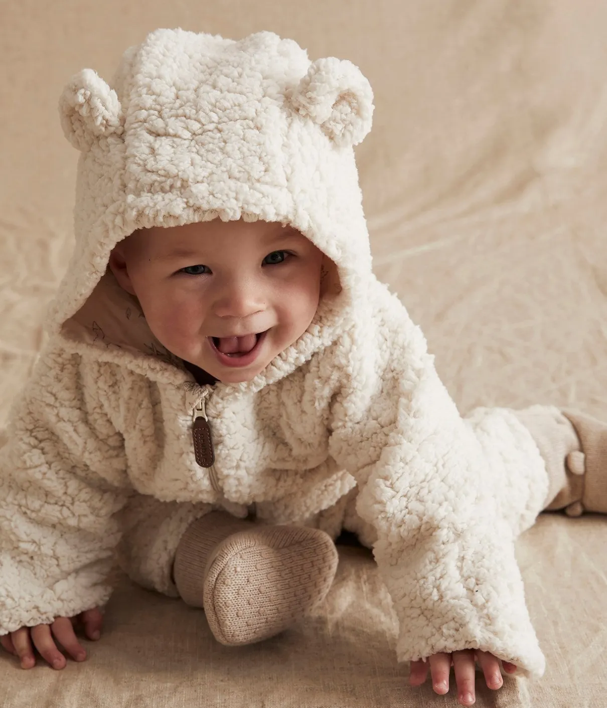 Baby white teddy coverall with hood