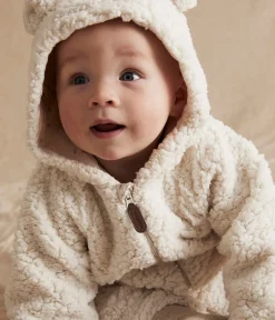 Baby white teddy coverall with hood