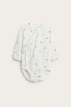 Baby white wrap-over bodysuit with bear print