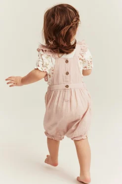 Baby woven dungaree shorts with lace