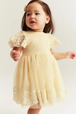 Baby yellow mesh dress with embroidery