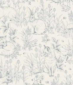 Forest Friends blue on white wallpaper