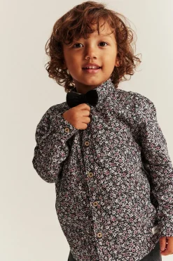 Kids black ditsy floral shirt with bow tie