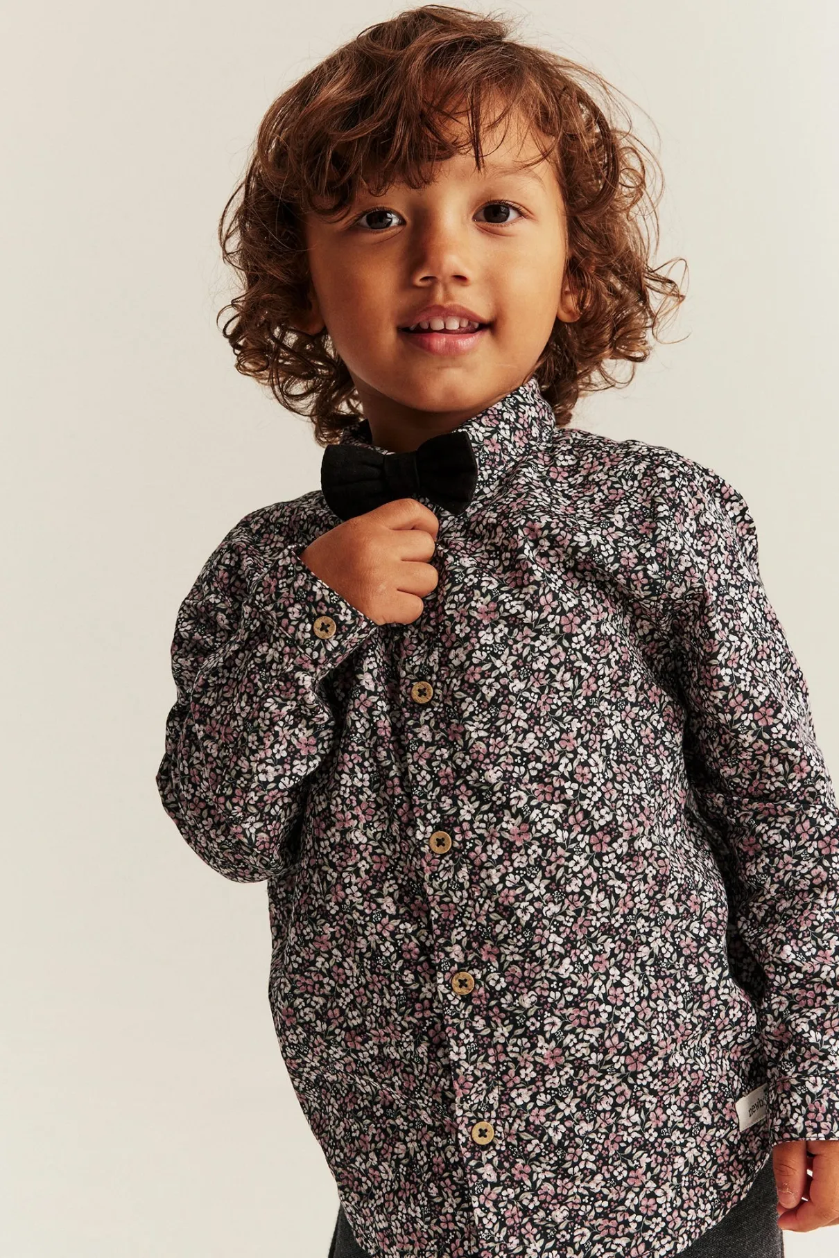 Kids black ditsy floral shirt with bow tie
