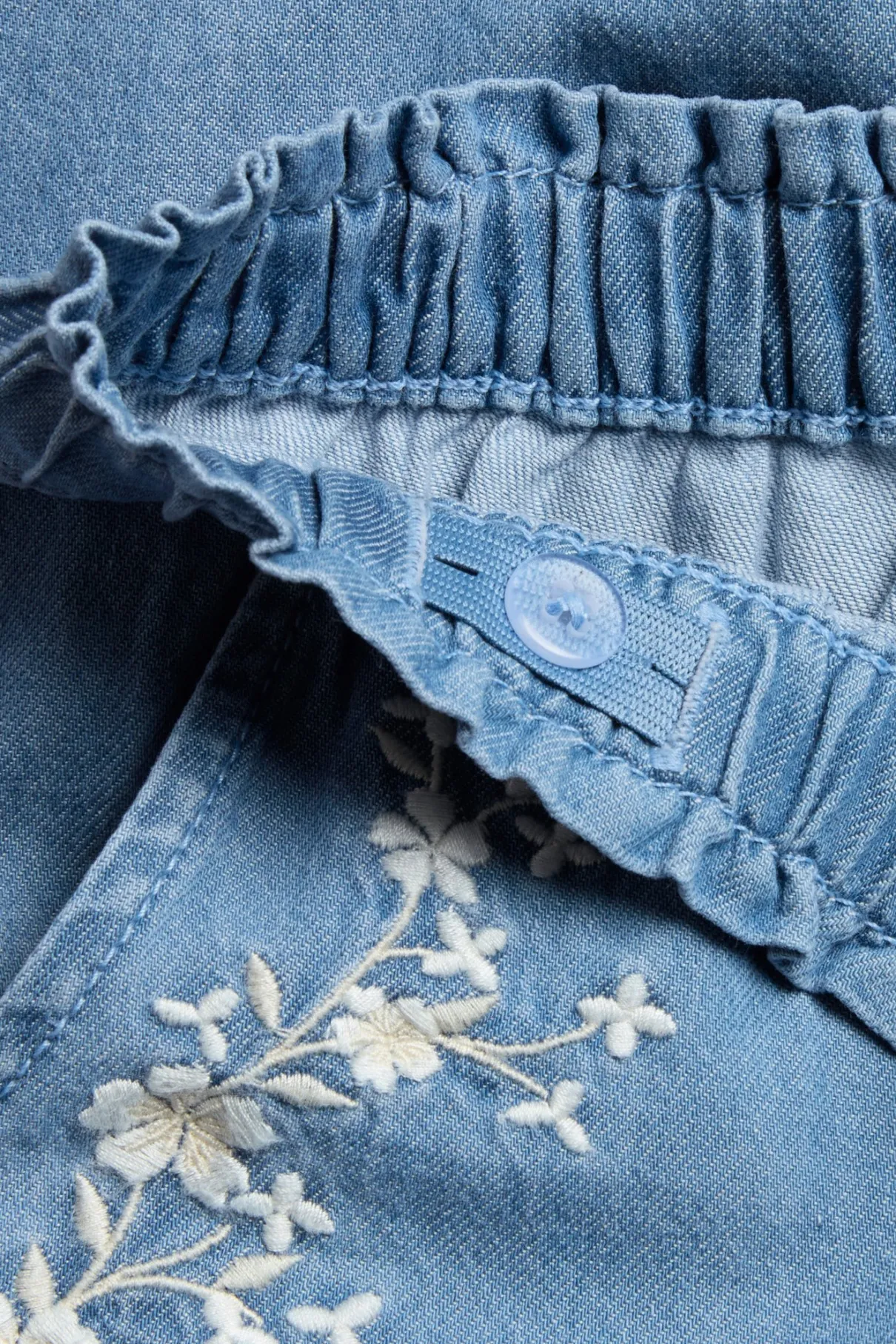 Kids blue denim trousers with floral embroidery