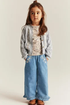 Kids blue denim trousers with floral embroidery