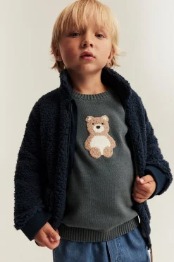 Kids blue pile jacket with bear embroidery