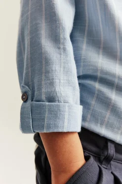 Kids blue striped shirt with band collar