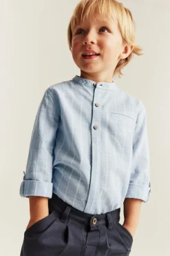 Kids blue striped shirt with band collar