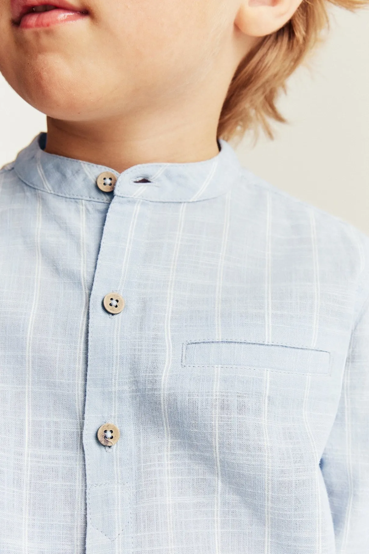 Kids blue striped shirt with band collar