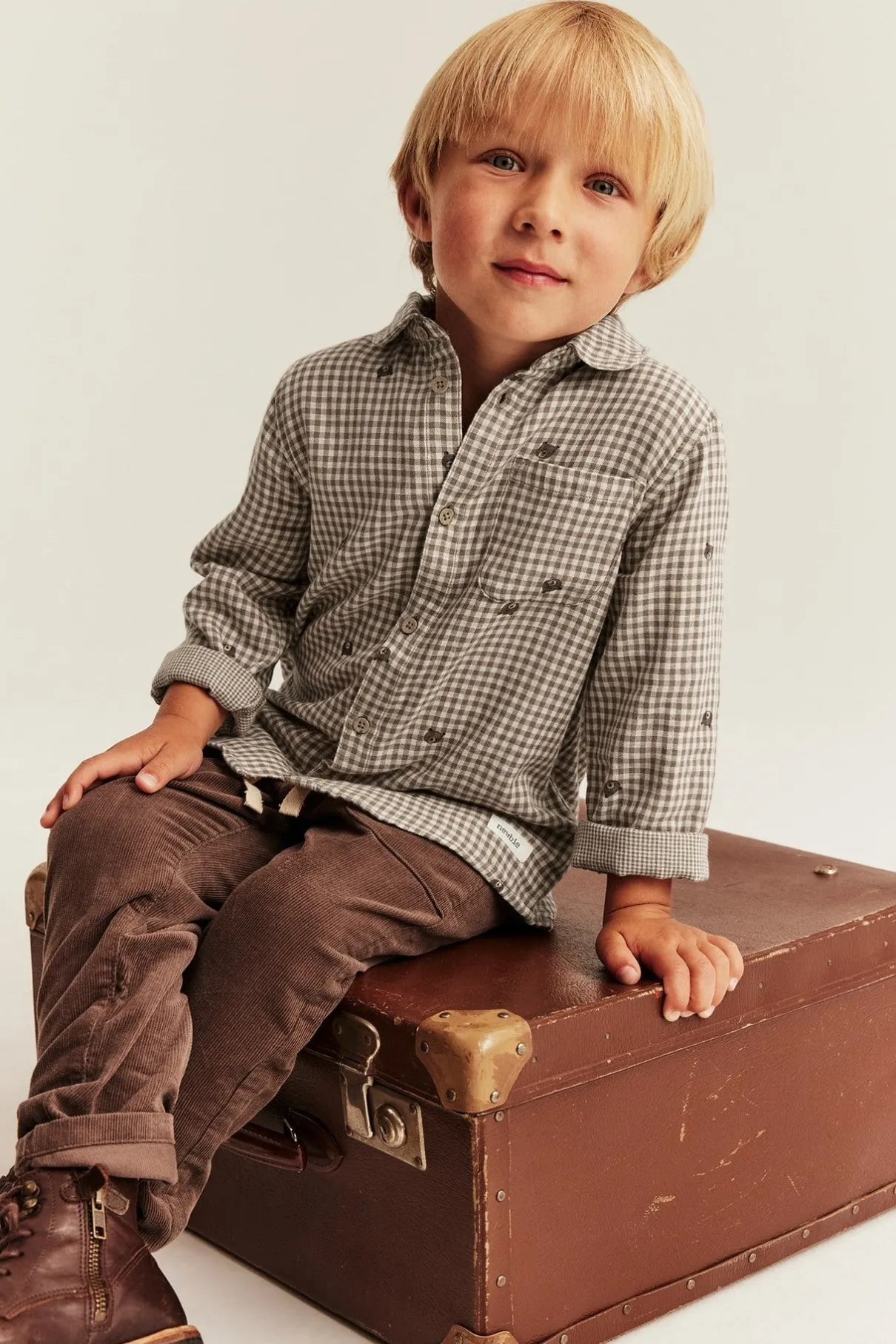 Kids checked shirt with teddy bear print