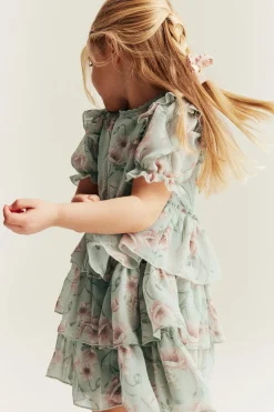 Kids green floral chiffon dress