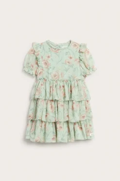 Kids green floral chiffon dress