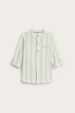 Kids green striped shirt with band collar