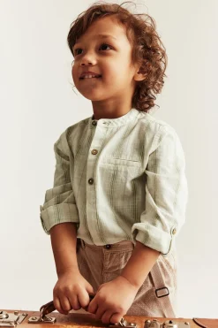 Kids green striped shirt with band collar
