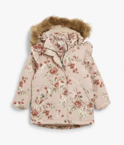 Kids pink floral print hooded faux fur jacket