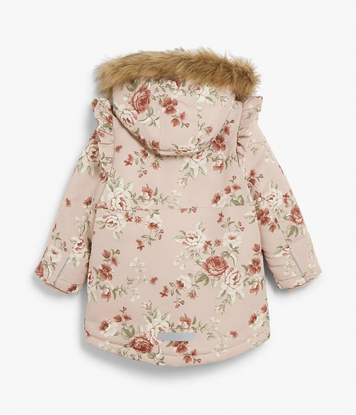 Kids pink floral print hooded faux fur jacket
