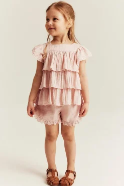 Kids pink woven shorts with frill