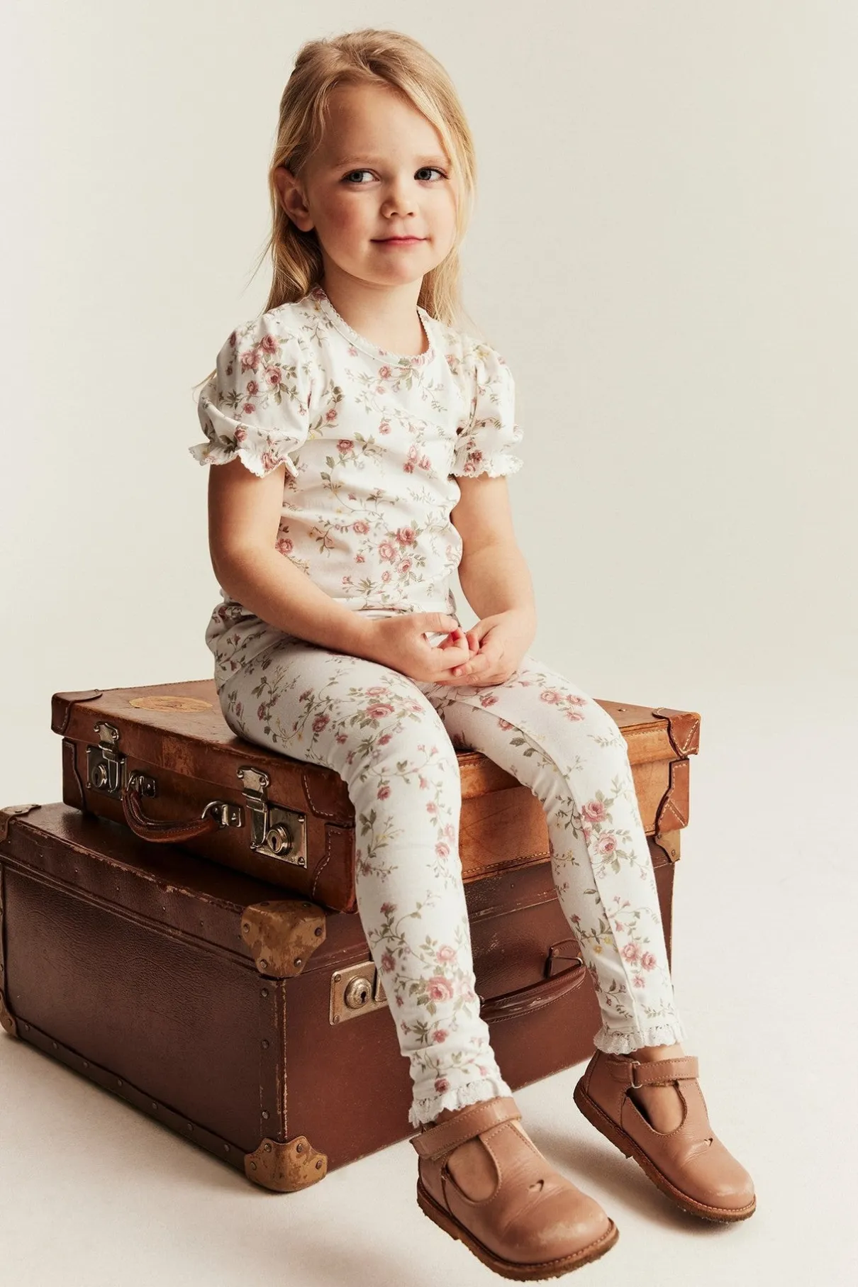 Kids white floral leggings with lace