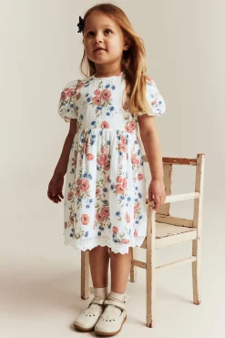 Kids white floral short-sleeved dress