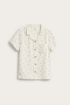 Kids white floral short-sleeve muslin shirt