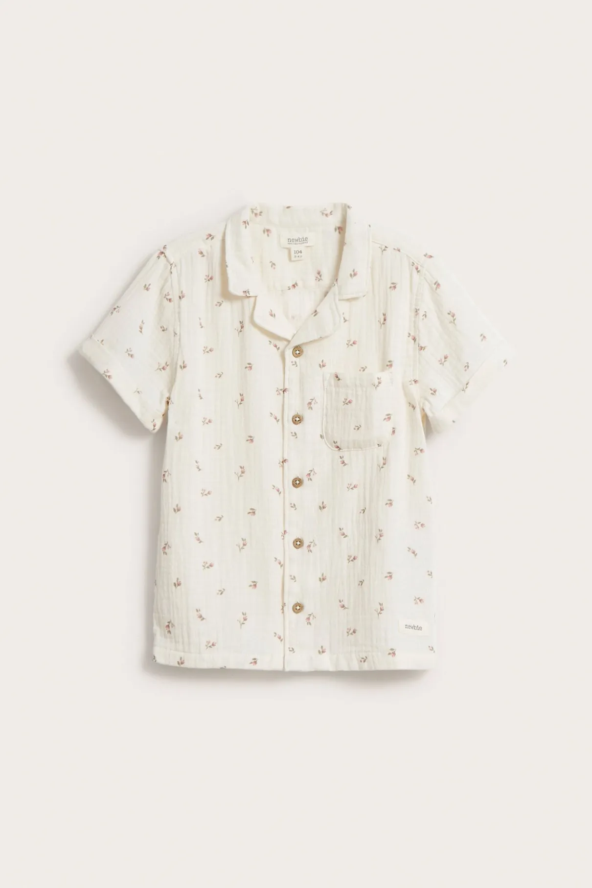 Kids white floral short-sleeve muslin shirt