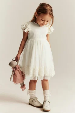 Kids white mesh dress with embroidery